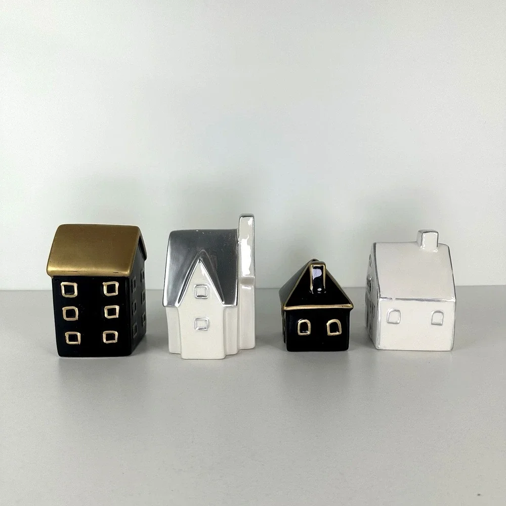 Becki Owens Ceramic Christmas Village Houses Decor Set Of‎ 4  Black White Gold